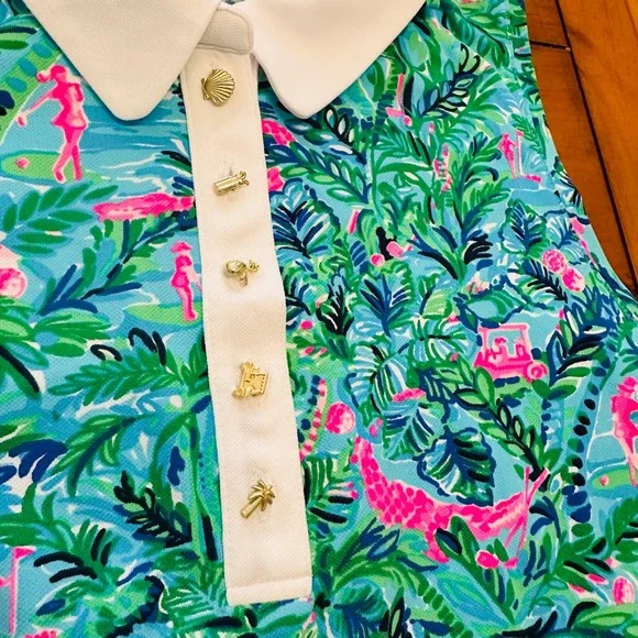 Lilly Pulitzer Luxletic Sleeveless Golf Polo Top Blue Green Tropical Print XL - Picture 4 of 10